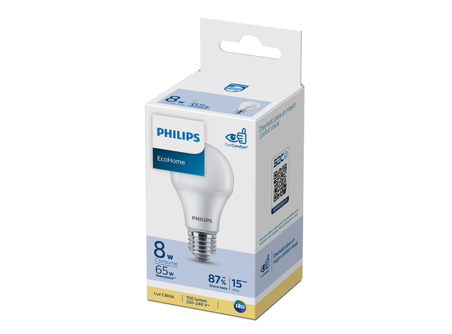  AMPOLLETA LED 8W ECOHOME LUZ CALIDA 3000K PHILIPS 
