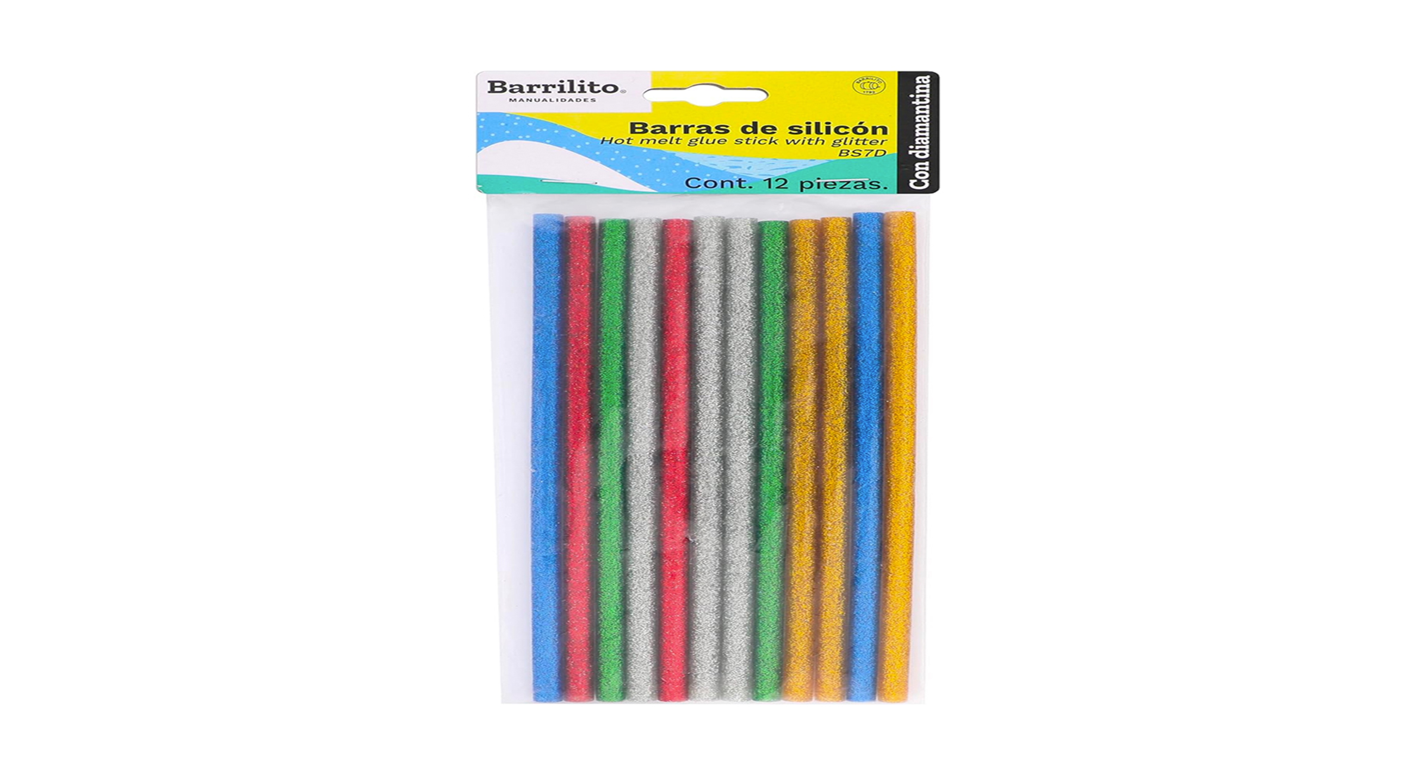  SILICONA BARRA 7MM X 20 CM GLITTER X 12 UN BARRILI 